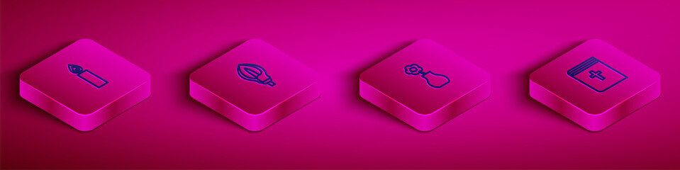 Set Isometric line Burning candle, Lily flower, Flower vase and Holy bible book icon. Vector