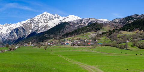 Fototapeta na wymiar View of Mount Tetnuldi from Tsaldashi village, Svaneti, Georgia