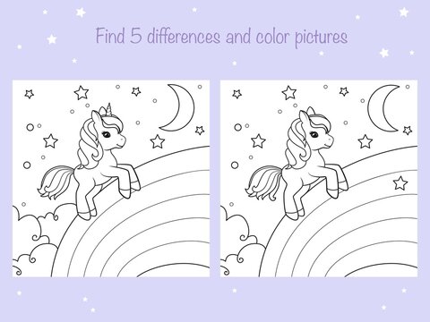 Find the same pictures and color - children educational game. Coloring book page with cute little unicorn. Vector illustration