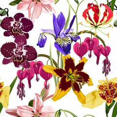 Seamless background from a flowers ornament, fashionable modern wallpaper or textile. Illustration bleeding heart (Dicentra spectabilis), irys, lilies, orchids flowers background. - obrazy, fototapety, plakaty