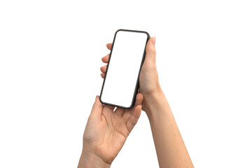 Hands holding mobile phone mockup screen isolated on a white background photo
