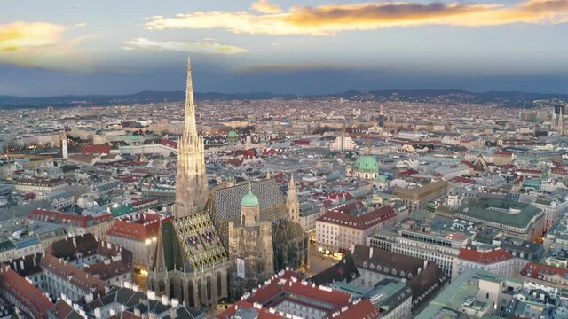 Vienna skyline, Moving Toward and Circle St. Stephen's Cathedral in Vienna, Austria, Vienna skyline at sunrise old town vienna cathedral