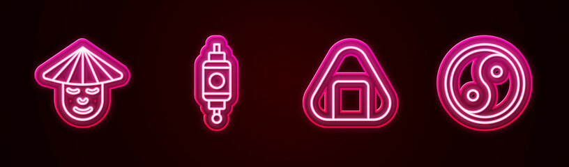 Set line Chinese man, paper lantern, Sushi and Yin Yang. Glowing neon icon. Vector