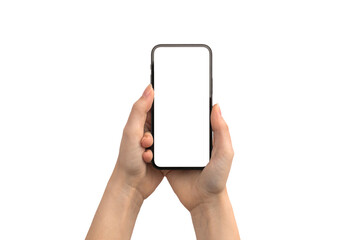 Hands using mobile phone with white screen mockup isolated on a white background photo