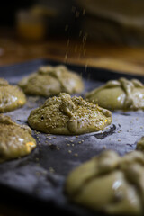 Mexican bakery. preparation of bread of the dead. puff pastry. process. Mexican bread. traditional bread. sesame. Puebla bakery