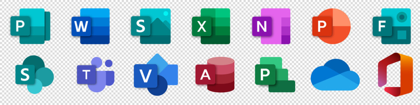 Set icons Microsoft Office 365: Word, Excel, OneNote, Yammer, Sway, PowerPoint, Access, Outlook, Publisher, SharePoint, OneDrive, Skype, Exchange, Teams... Vector illustration on trasparent background