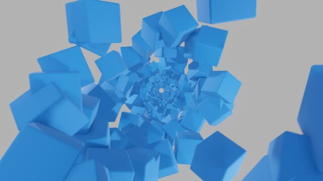 3D rendered blue cubes on a white background. Futuristic motion graphic concept with minimal animation