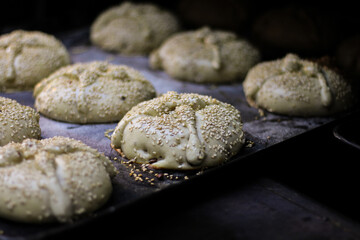 Mexican bakery. preparation of bread of the dead. puff pastry. process. Mexican bread. traditional bread. sesame. Puebla bakery