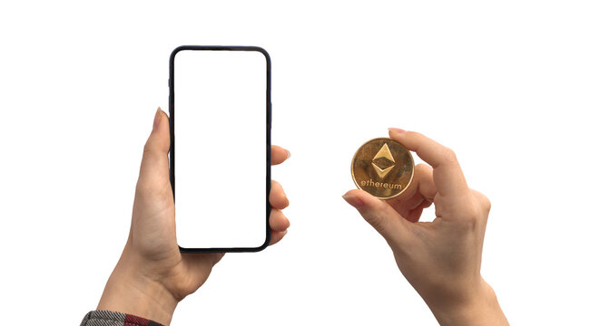 Financial payment with ethereum ETH and mobile phone, blank white screen mockup, hands with cryptocurrency coin isolated on a white background photo