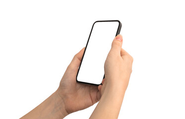 Female use mobile phone with blank white screen mockup, advertisement and social media template photo isolated on a white background