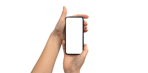 Hand holding white screen of smartphone or mobile phone, mockup for advertisement and social media, business and technology concept, clipping path photo