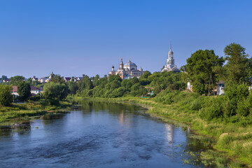 Fototapeta na wymiar View of Borisoglebsky Monastery from Tvertsa River, Torzhok, Russia