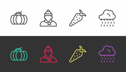 Set line Pumpkin, Autumn clothes, Carrot and Cloud with rain on black and white. Vector