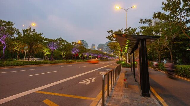 twilight time sanya traffic street panorama timelapse 4k hainan island china