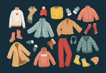 The vector set of winter clothes. Coats, hats, gloves, shoes and socks. - obrazy, fototapety, plakaty