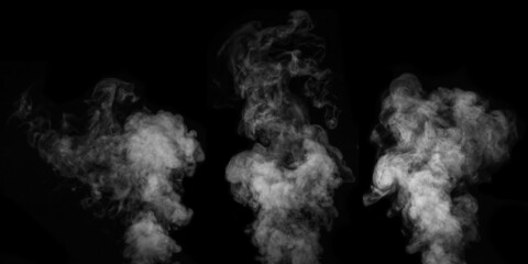 A set of three different white fumes, smoke on a black background to add to your pictures. Perfect smoke, steam, fragrance, incense for your photos. Create mystical Halloween photos.