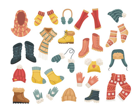 A set of vector illustrations of winter hats. Hat, snood, headphones, gloves, mittens, blowjobs.