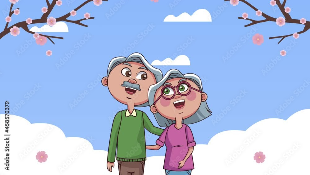 Sticker grandparents couple with branches animation