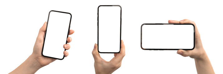 Set of mobile phone mockup screen in hand isolated on a white background, copy space, clipping path photo