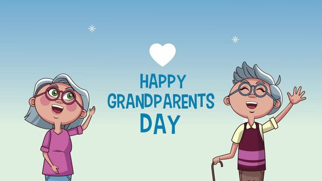 happy grandparents day lettering with couple and hearts