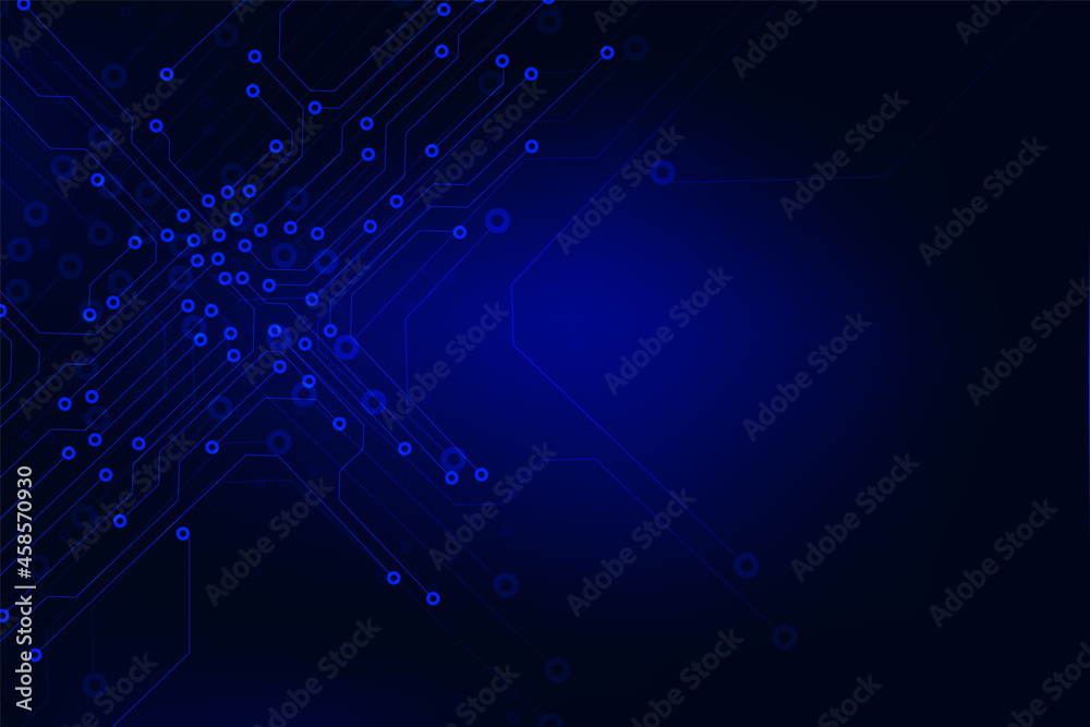 Poster Circuit Board Technology Space Communication Interface Connection Vector Background. Blue Abstract Scifi PCB Trace Data Transfer Design Illustration