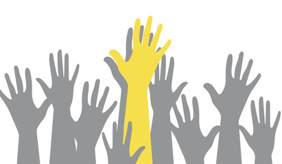 Hands of people with different skin colors, different nationalities and religions. Community activists, feminists are fighting for equality. The trend colors of 2021 are yellow and gray. 