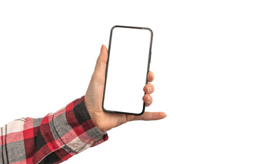 Female hand in shirt and mobile phone with blank white screen mockup isolated on a white background photo