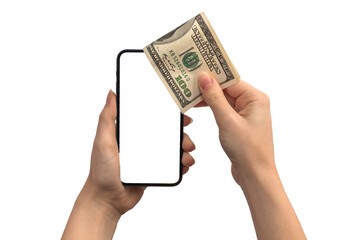 Financial payment with dollar money and mobile phone, blank white screen mockup, hands with cryptocurrency coin isolated on a white background photo