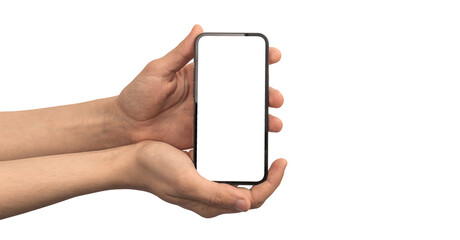 Man holding smartphone mockup screen, blank white screen, isolated on a white background photo