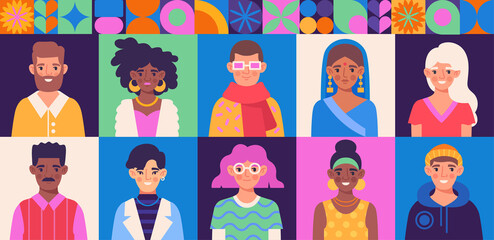 Fototapeta na wymiar Set of diverse community with various male and female characters on colorful backgrounds. Colorful collection with young people or business team in trendy clothes. Flat cartoon vector illustration