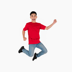 Asian handsome man in red t-shirt with jeans fashion put steel braces his teeth and posing show jumping isolated on white background.