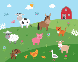 Cartoon illustration with farm animals. - 458572949