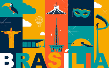 Brasilia culture travel set, famous architectures and specialties in flat design. Business Brazilian tourism concept clipart. Image for presentation, banner, website, advert, flyer, roadmap, icons - obrazy, fototapety, plakaty