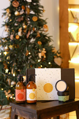 Beauty natural skincare products development concept. Dermatologist cosmetic skincare bottle with pump dispenser and organic ingredient on neutral background.