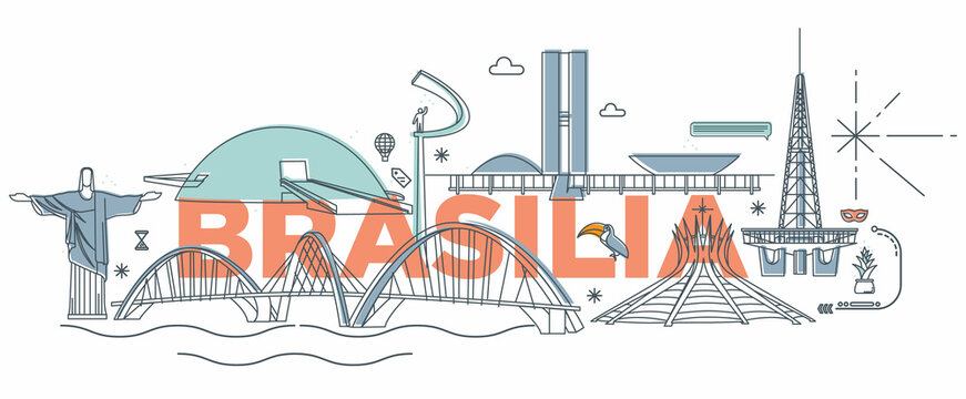 Typography word "Brasilia" branding technology concept. Collection of flat vector web icons, culture travel set, famous architectures and specialties detailed silhouette. Brazilian famous landmark.