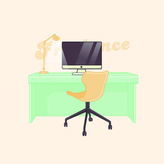 Flat style workplace cartoon illustration with computer, lamp and chair