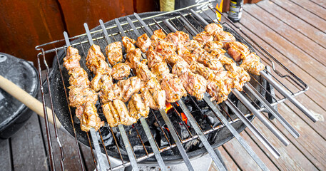 Russian shashlik with skewers on a round grill.