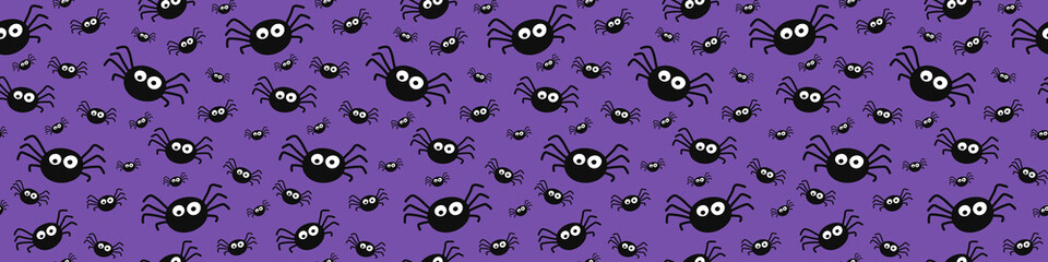 Funny Halloween banner with spiders. Seamless pattern. Vector