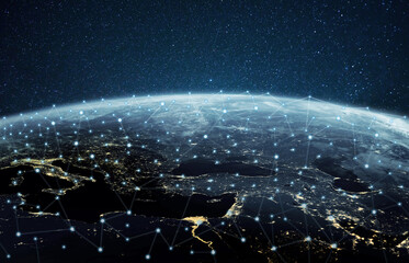Earth connect concept, view from space. Global network modern creative telecommunication and...