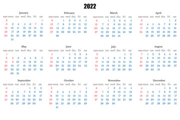 2022 Calendar template.Yearly planner stationery universal, classic design horizontal. English US