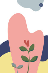 Modern minimalist abstract art print with plants, hearts and abstract shapes. Card with sprout of love. Printable minimal and natural wall art. Vector illustration in flat cartoon style.