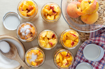 making peach jam on the table, making peach compote