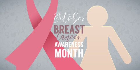 Breast Cancer October Awareness Month Campaign Background with paper girl silhouette and pink ribbon symbol. Vector illustration - 458574989