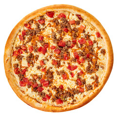 Isolated pizza with minced meat and tomatoes on white background