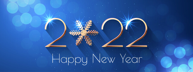 Happy New Year 2022 text design. Vector greeting illustration with golden numbers and snowflake - 458575102