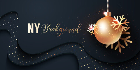 New Year Background with Christmas Ball and Snowflakes. Vector holiday design for invitations, cards, web banners, etc - 458575158