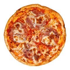 Isolated fresh prosciutto pizza with ham on white background