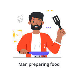Smiling male character with beard is preparing food at home using a frying pan on white background. Concept of various people like to cook alone at home. Flat cartoon vector illustration
