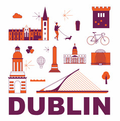 Fototapeta premium Dublin culture travel set, famous architectures and specialties in flat design. Business travel and tourism concept isolated on white background. Image for presentation, banner, website, app, advert