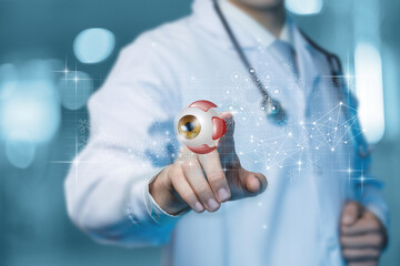 Doctor ophthalmologist clicks on a virtual computer screen on a eye.